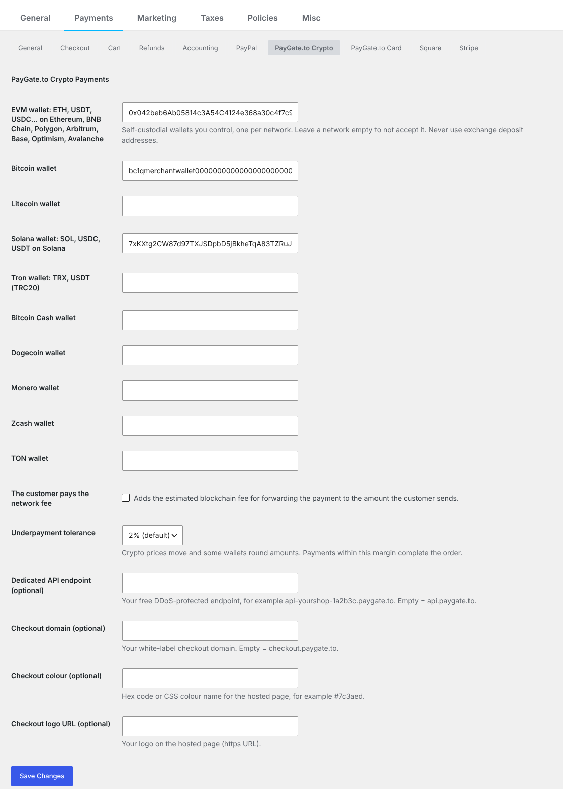 PayGate.to Crypto settings in Easy Digital Downloads: one wallet per network, network fee and underpayment tolerance