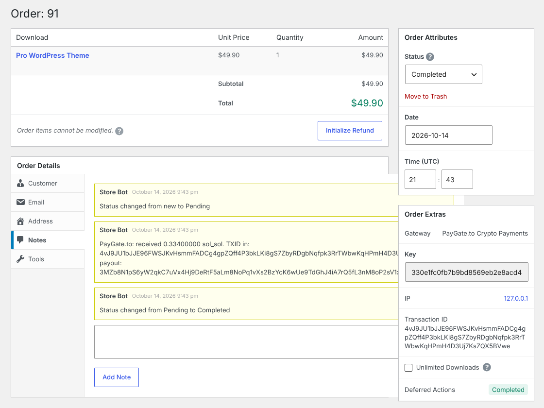 Easy Digital Downloads order notes: PayGate.to received SOL with the transaction ids, status changed to Completed