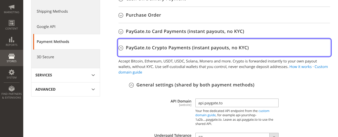 Magento Payment Methods with the PayGate.to Crypto Payments section highlighted