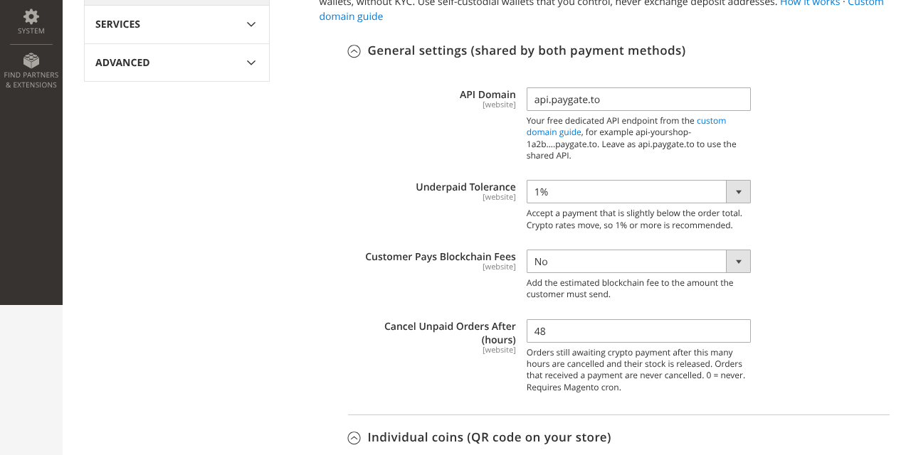 Magento crypto General settings: API Domain, Underpaid Tolerance, Customer Pays Blockchain Fees, Cancel Unpaid Orders After