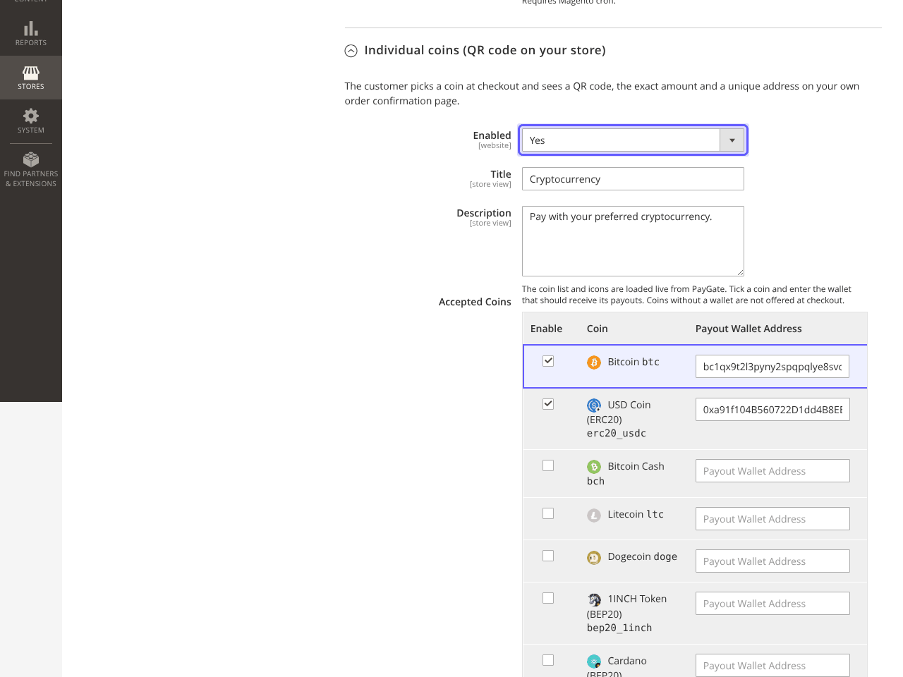 Magento Accepted Coins table with Bitcoin and USD Coin (ERC20) ticked and their wallets filled in