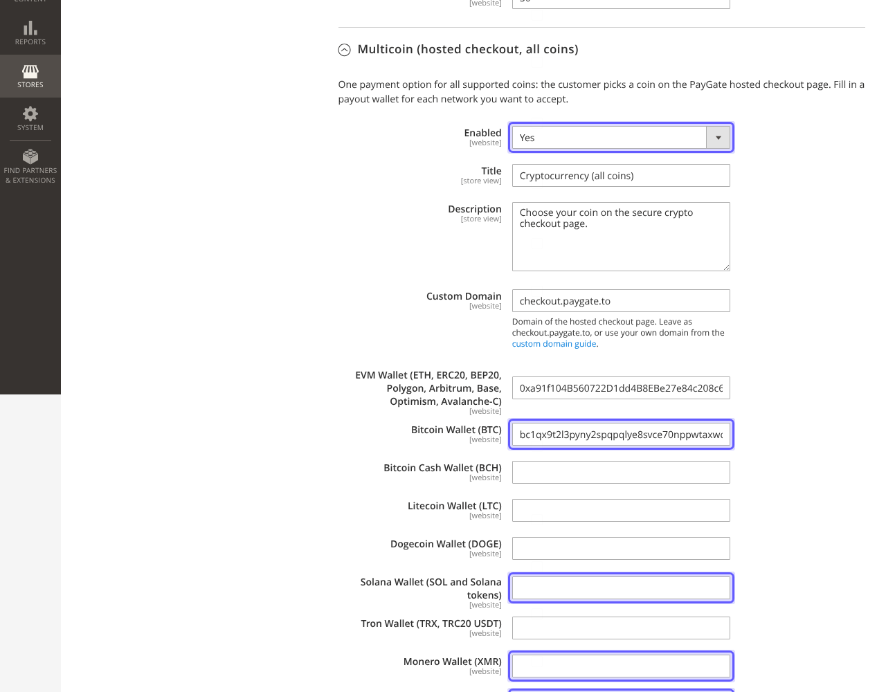 Magento Multicoin settings with Enabled Yes and the Bitcoin, Solana, Monero and Zcash wallet fields highlighted