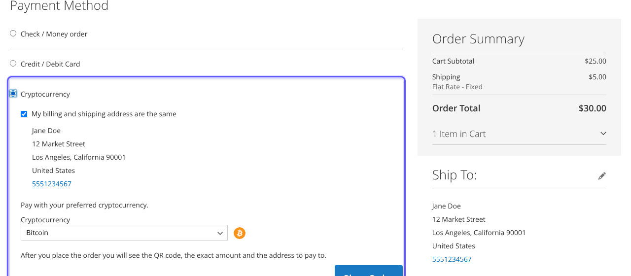 Magento checkout with Cryptocurrency selected and Bitcoin chosen
