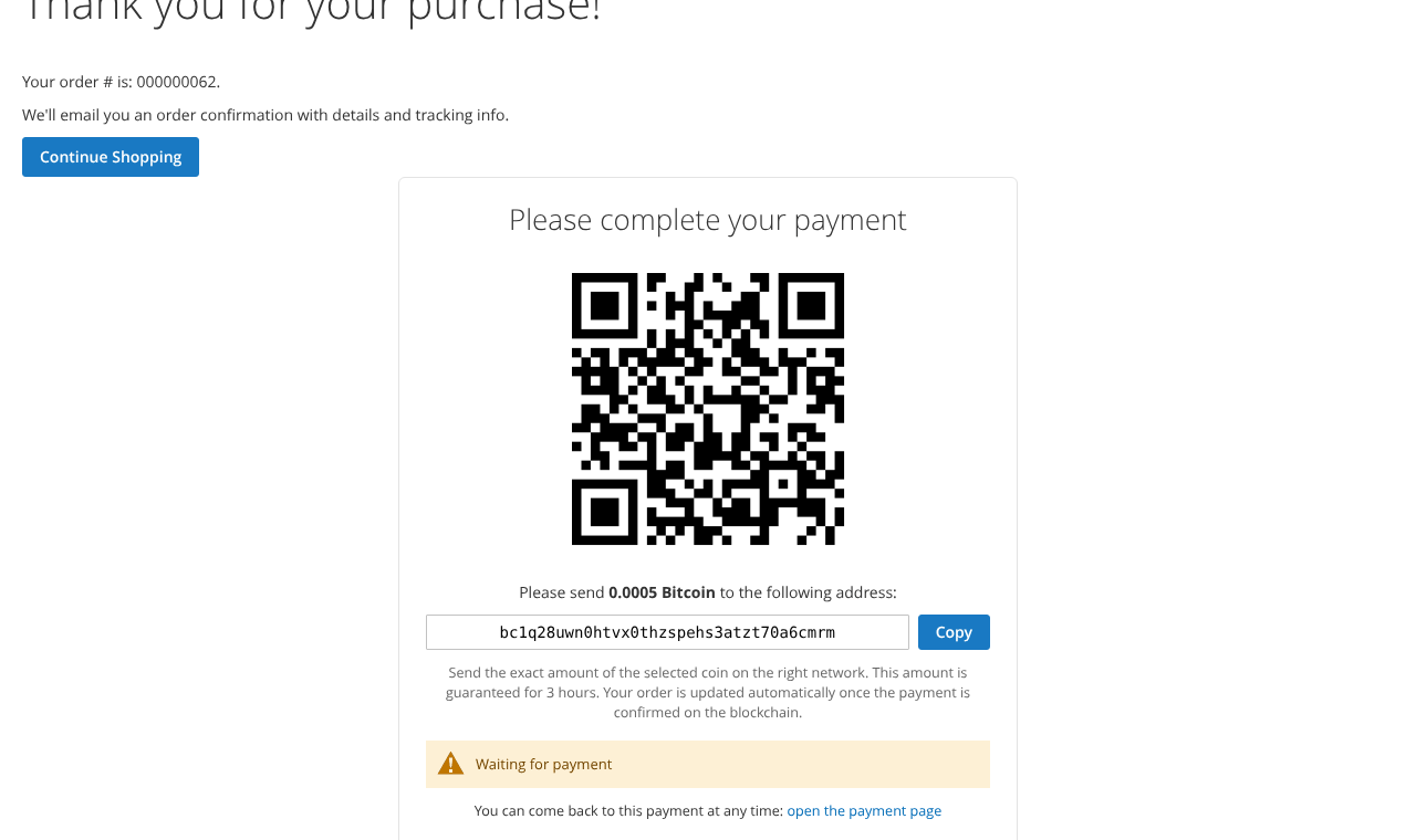 Magento order success page with the crypto QR code, amount, address, Copy button and Waiting for payment status