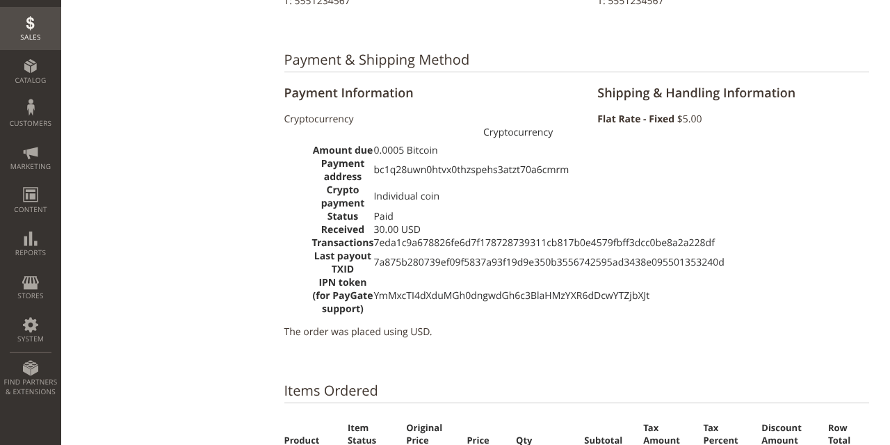 Magento admin order view with crypto payment details: status Paid, received amount, transactions and IPN token