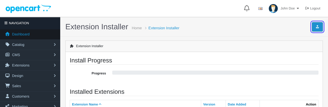 OpenCart Extension Installer page with the Upload button highlighted