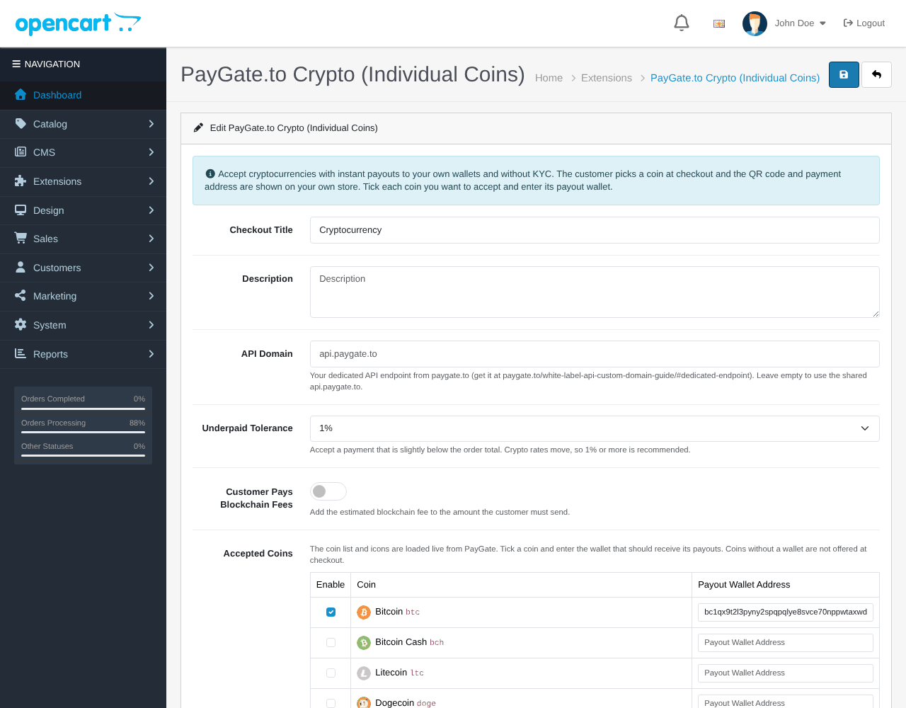 OpenCart Individual Coins settings page