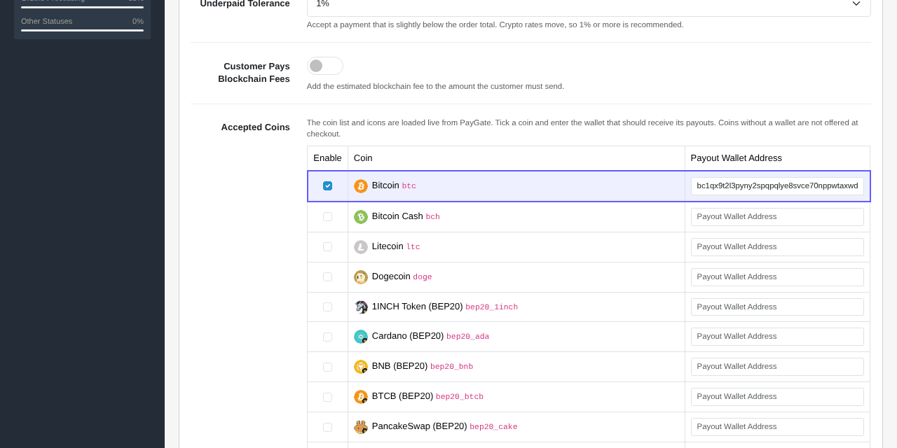 Accepted Coins table with Bitcoin ticked and its payout wallet filled in