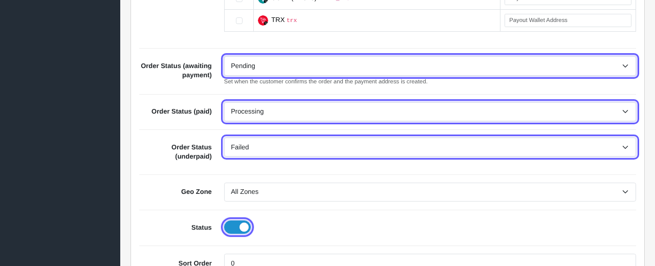 Order status settings: awaiting payment Pending, paid Processing, underpaid Failed, and the Status switch on