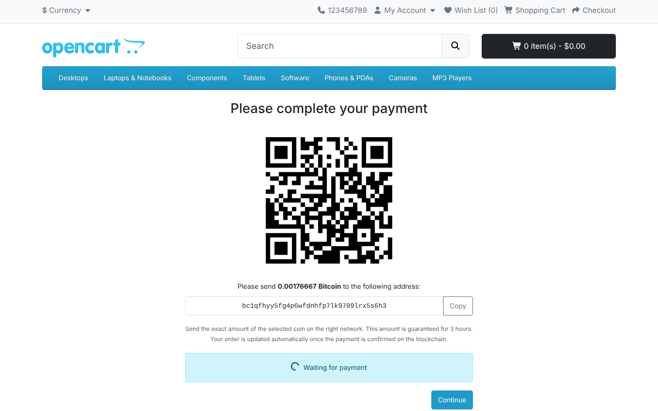 OpenCart crypto payment page with QR code, amount, address with Copy button and Waiting for payment status
