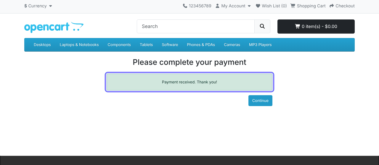 OpenCart payment page showing Payment received. Thank you!