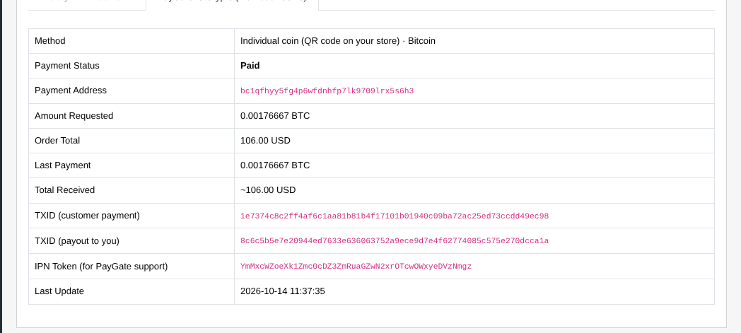 OpenCart admin order tab PayGate.to Crypto (Individual Coins) showing status Paid, amounts and transaction IDs