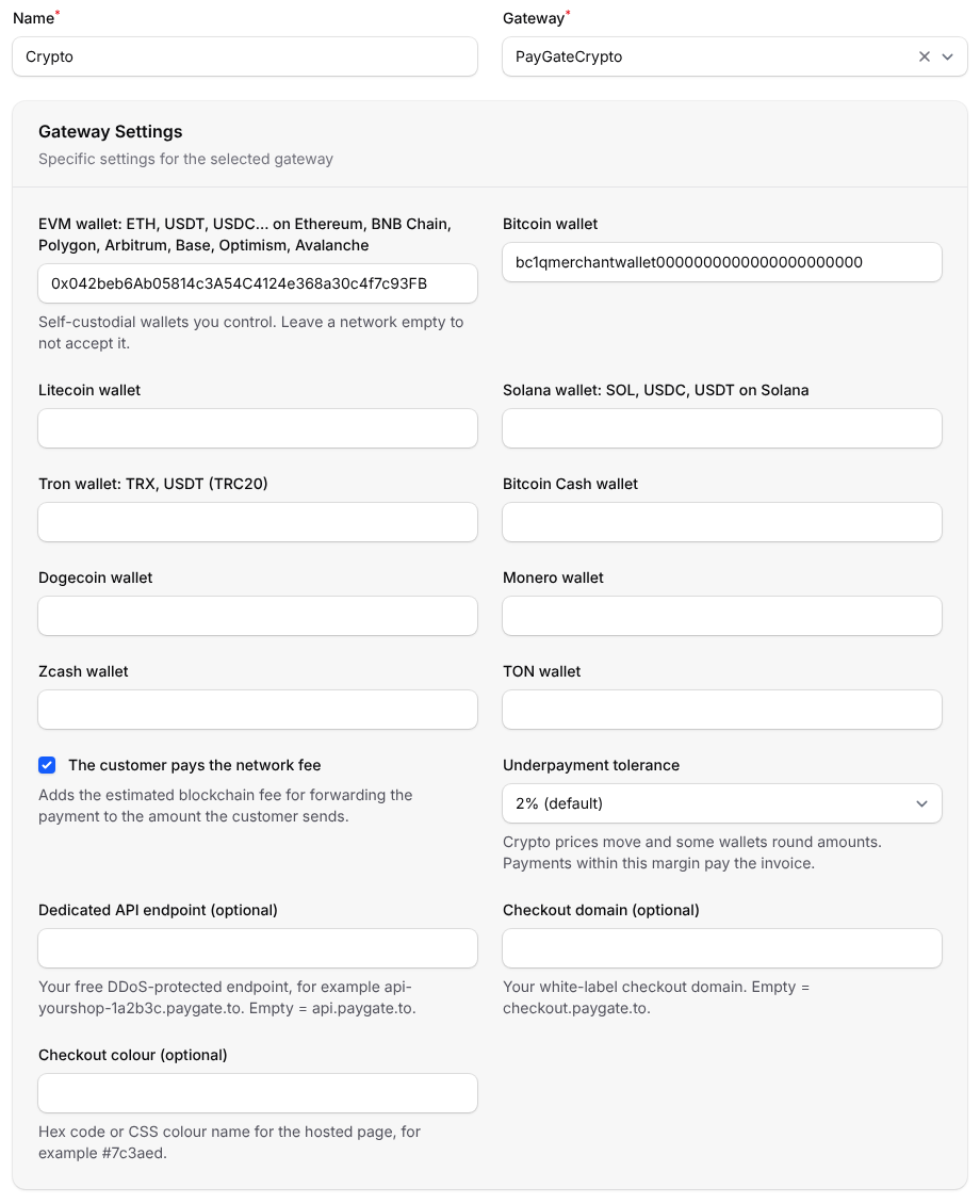 PayGateCrypto settings in Paymenter: one wallet per network, network fee and underpayment tolerance