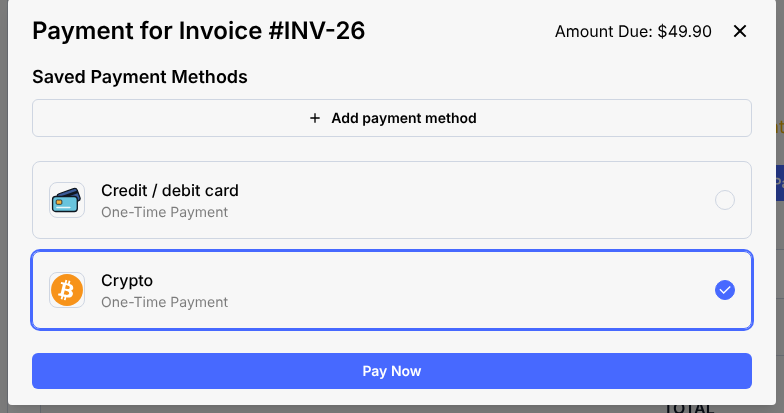 Paymenter payment window with the Crypto payment method selected