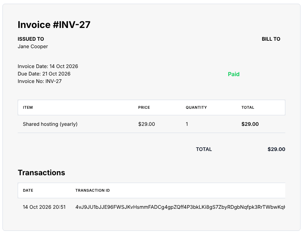Paymenter client invoice marked Paid with the Solana transaction id