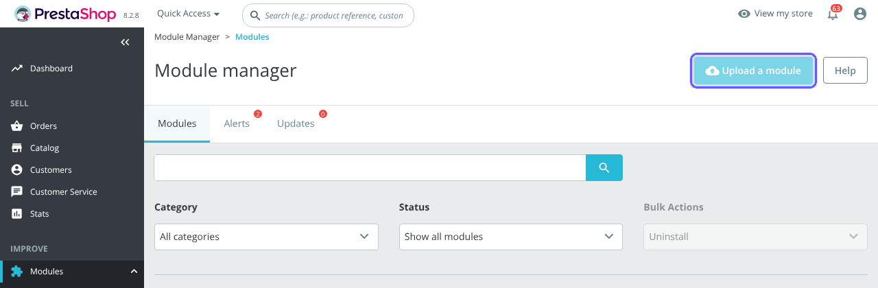 PrestaShop Module Manager with the Upload a module button highlighted