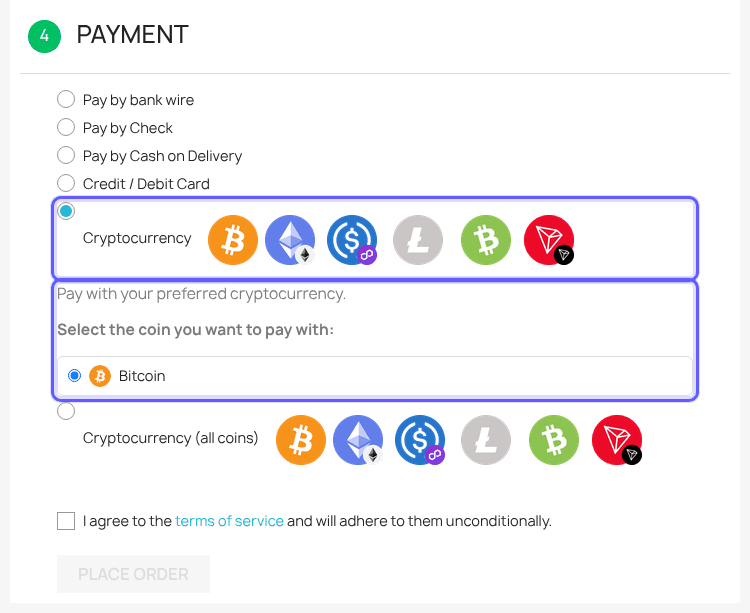 PrestaShop payment step with Cryptocurrency selected and Bitcoin chosen