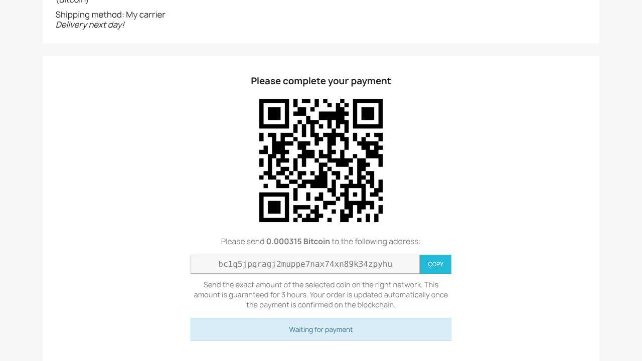 PrestaShop order confirmation with crypto QR code, amount, address and Waiting for payment