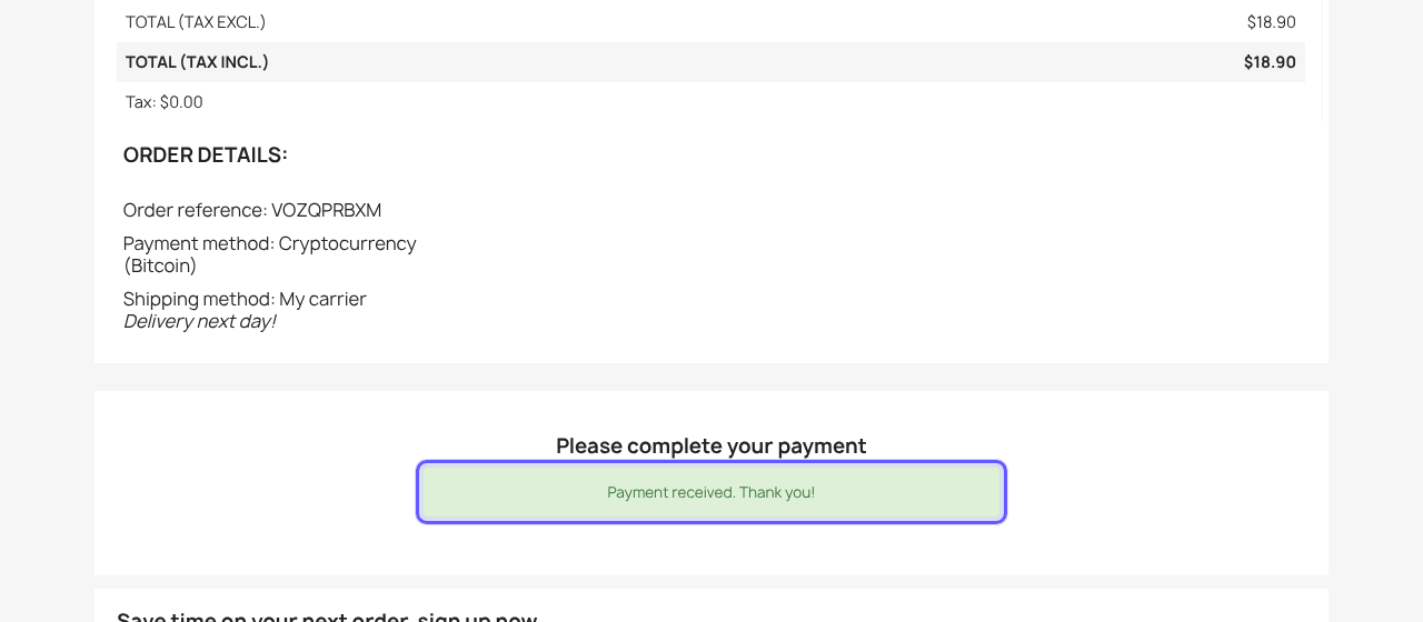 PrestaShop order confirmation showing Payment received. Thank you!