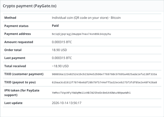 PrestaShop admin order block Crypto payment (PayGate.to) with status Paid and transaction IDs