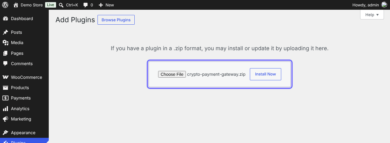 WordPress Add Plugins screen with the crypto-payment-gateway.zip file selected and the Install Now button