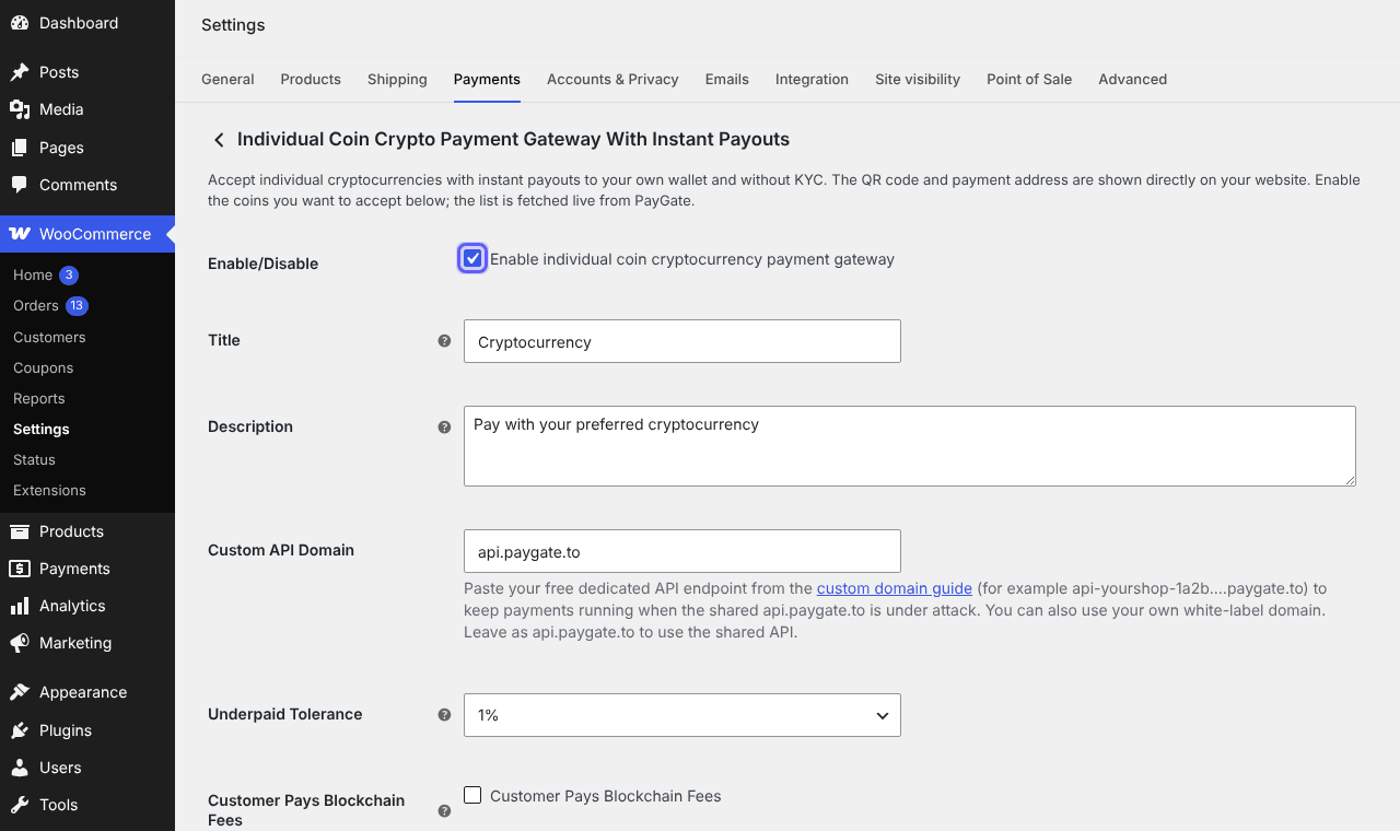 Individual coin crypto settings with Enable ticked