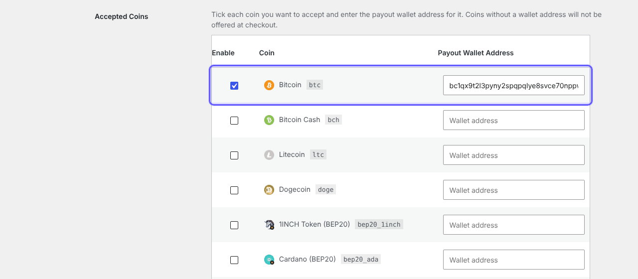 Accepted Coins table with Bitcoin ticked and a Bitcoin payout wallet entered