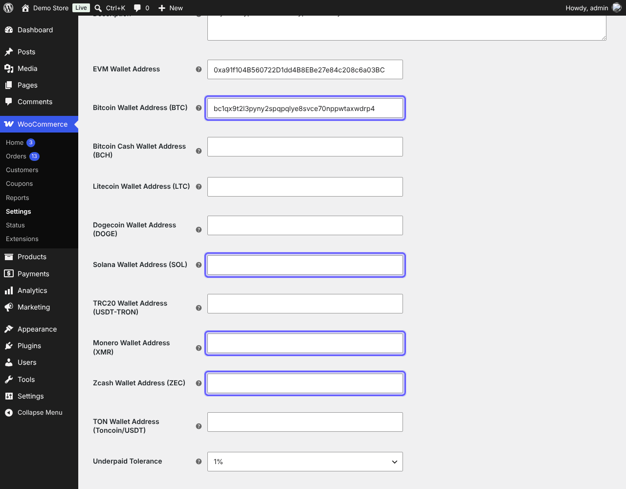 Multicoin settings showing the wallet fields for EVM, Bitcoin, Solana, Monero and Zcash