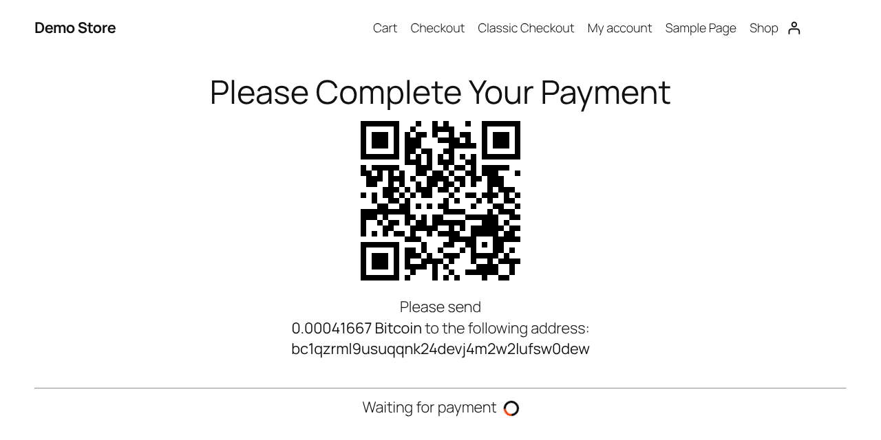 Order received page showing the Bitcoin QR code, the amount and the payment address