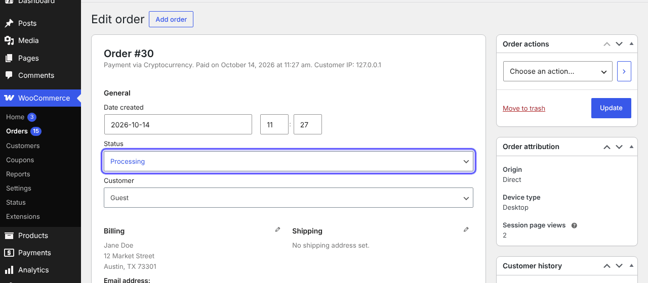 WooCommerce order screen with status Processing after the crypto payment