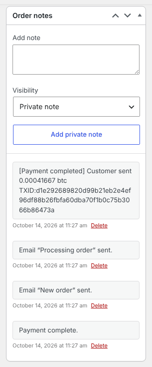 Order notes showing Payment completed with the amount sent and the transaction ID