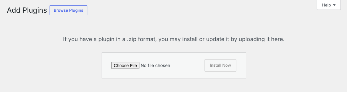 WordPress Add Plugins page with the Upload Plugin form