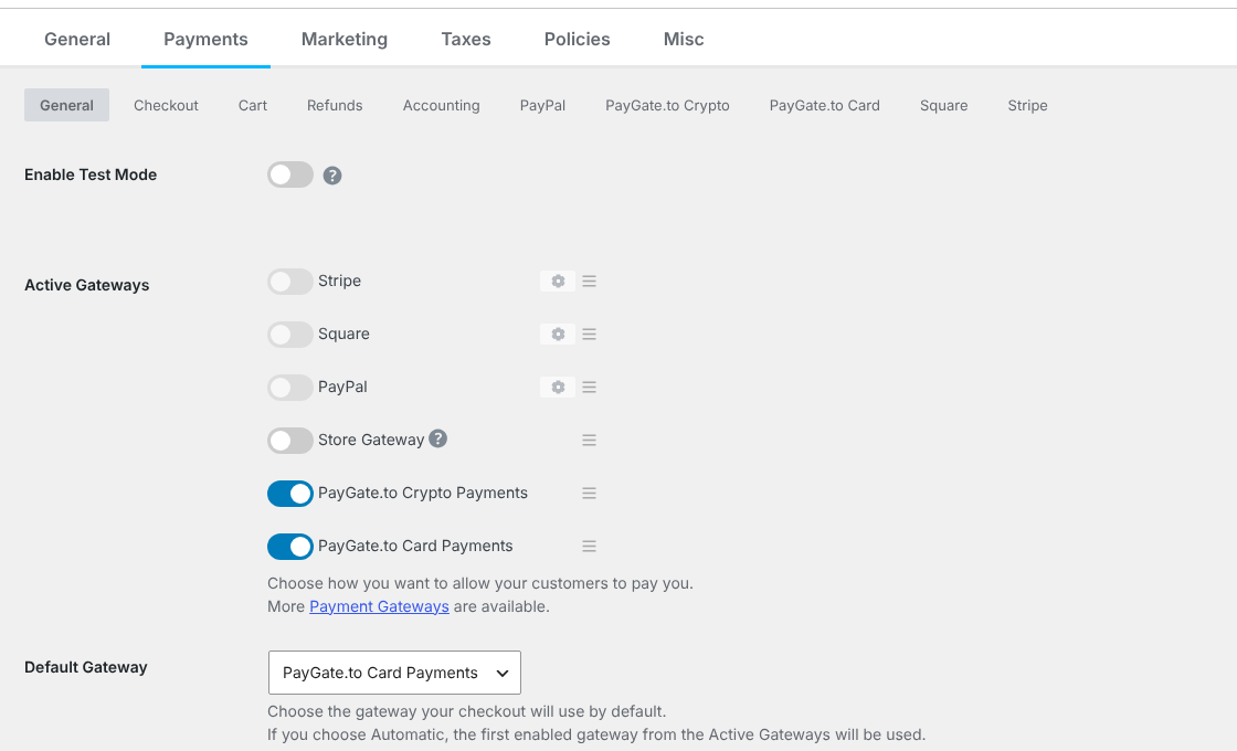 Easy Digital Downloads payment settings with PayGate.to Crypto Payments and PayGate.to Card Payments switched on under Active Gateways