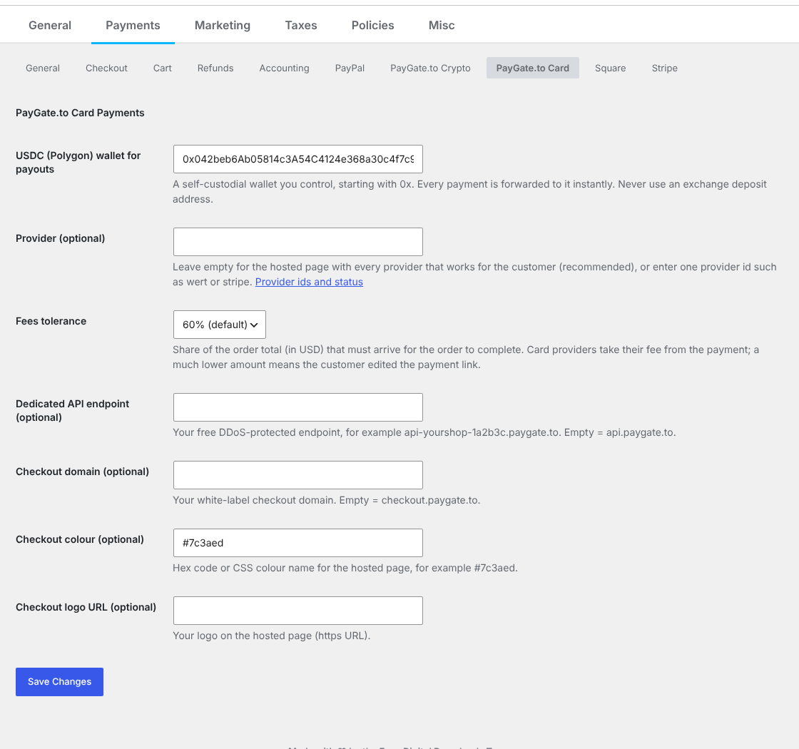 PayGate.to Card settings in Easy Digital Downloads: USDC (Polygon) wallet, provider, fees tolerance and optional domains