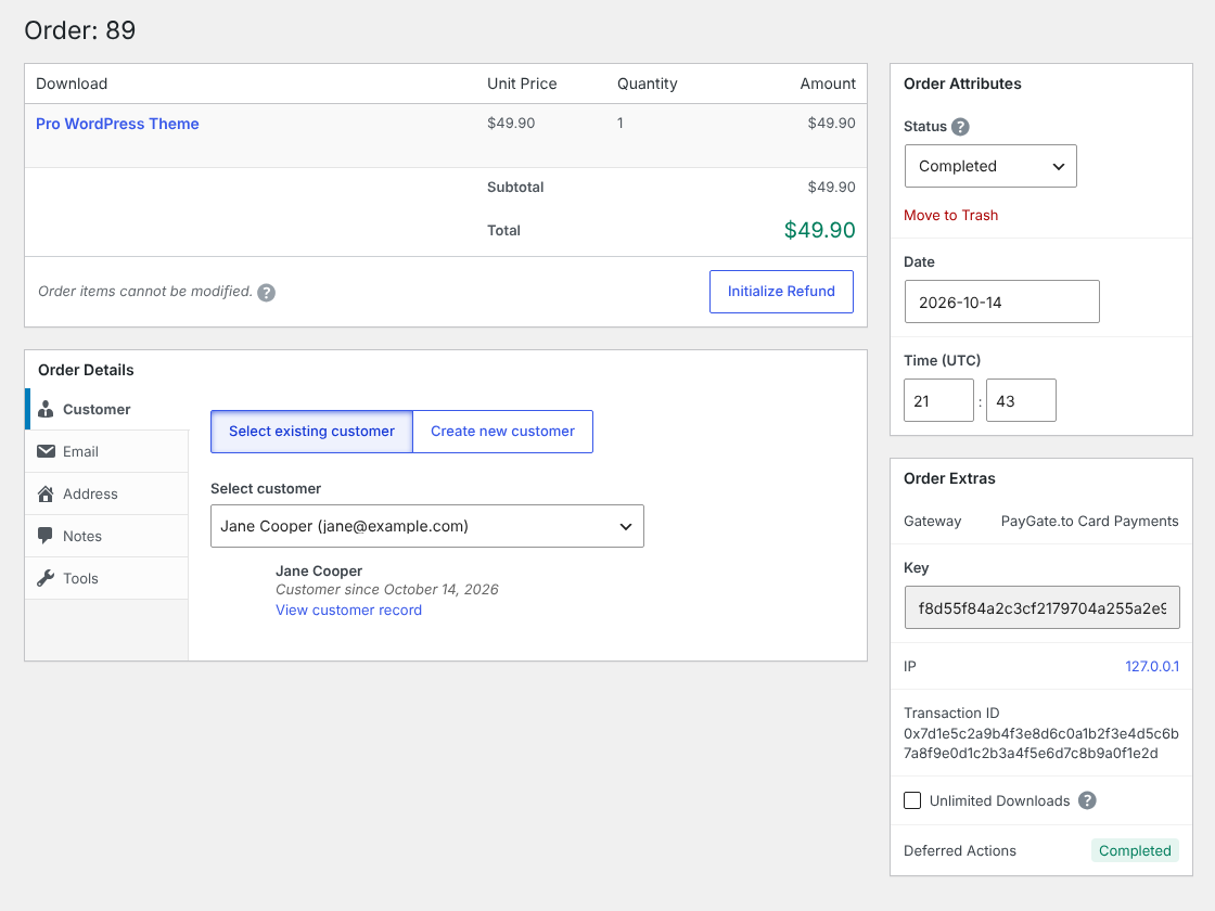 Easy Digital Downloads order marked Completed with the PayGate.to card gateway and the blockchain transaction id