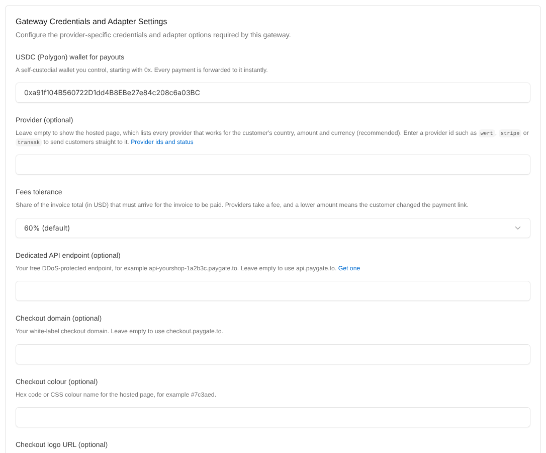 PayGateCard settings in FOSSBilling: USDC (Polygon) wallet, provider, fees tolerance and optional domains