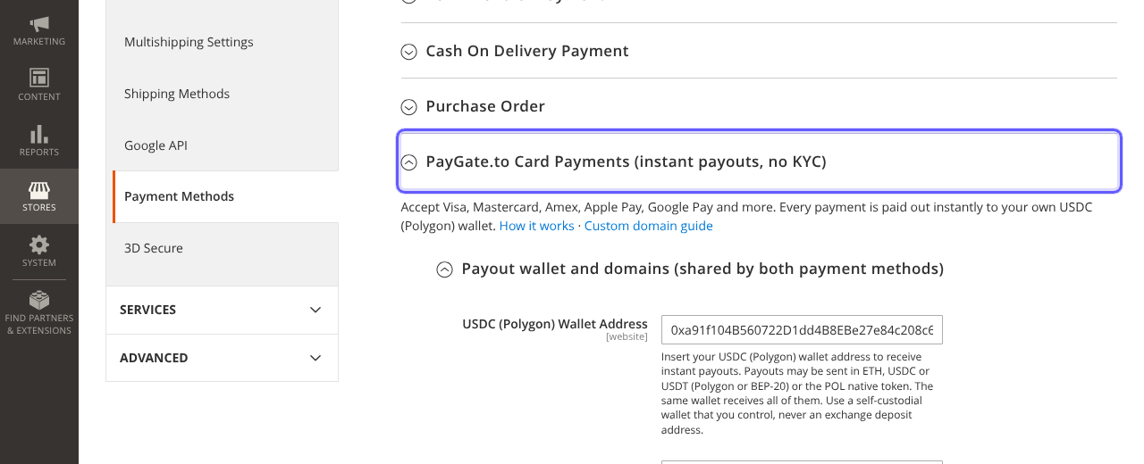Magento Payment Methods configuration with the PayGate.to Card Payments section highlighted