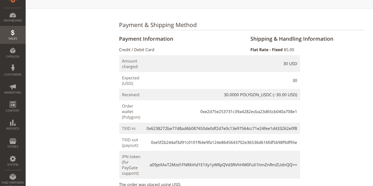 Magento admin order view with the PayGate.to card payment information: amount, received, TXIDs