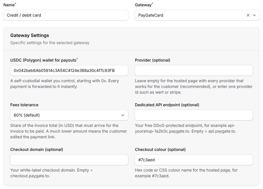New gateway in Paymenter with PayGateCard selected: USDC (Polygon) wallet, provider, fees tolerance and optional domains