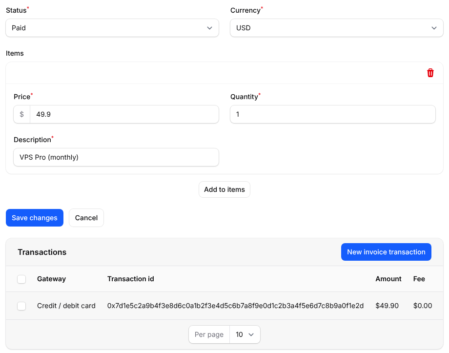 Paymenter admin invoice marked Paid with the card transaction and its blockchain transaction id